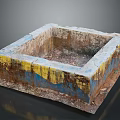 Old Square Concrete Structure With Yellow Blue Peeling Paint Worn Debris Inside And Base Tray 3d model