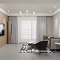 Modern Living Dining Area Interior With Wooden Walls TV Black Chair Coffee Table And Chandelier