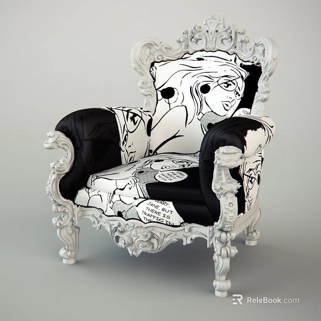 Ornate White Carved Frame Armchair With Black White Comic Pattern And Cartoon Speech Bubbles 3d model 