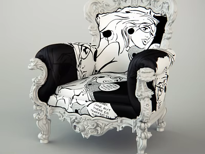 Ornate White Carved Frame Armchair With Black White Comic Pattern And Cartoon Speech Bubbles 3d model