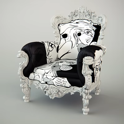Ornate White Carved Frame Armchair With Black White Comic Pattern And Cartoon Speech Bubbles 3d model