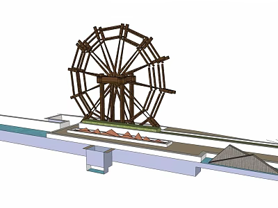 Wooden Waterwheel Garden Ornament With Water Feature And Platform Structure 3d model