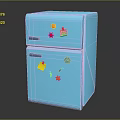 Blue Two Door Refrigerator With Colorful Magnet Decorations In Modern Home Design