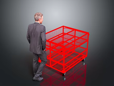A man in suit standing beside red metal mesh cart with multiple layers and wheels 3d model