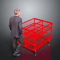A man in suit standing beside red metal mesh cart with multiple layers and wheels