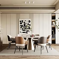 Modern Dining Room Interior With Round Table Beige Gray Chairs Abstract Painting And Potted Plant