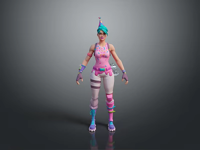 Woman In Pink Top With Blue Hair Striped Pants Gloves And Roller Skates 3d model