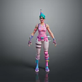 Woman In Pink Top With Blue Hair Striped Pants Gloves And Roller Skates