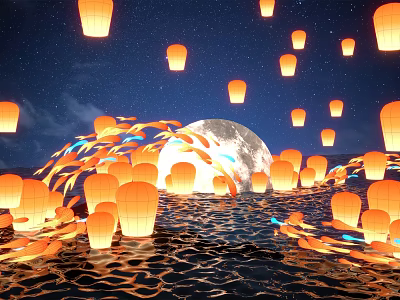 Art Installation Featuring Floating Lanterns Over Rippling Water Under Full Moon Night Sky 3d model