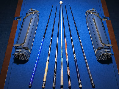 Billiard Room Setup With Pool Cues And Cue Cases On Blue Felt 3d model