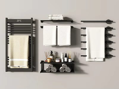 Modern Bathroom Accessories Set With Black Towel Rack Radiator Shelf Towels And Toiletries 3d model