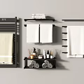 Modern Bathroom Accessories Set With Black Towel Rack Radiator Shelf Towels And Toiletries