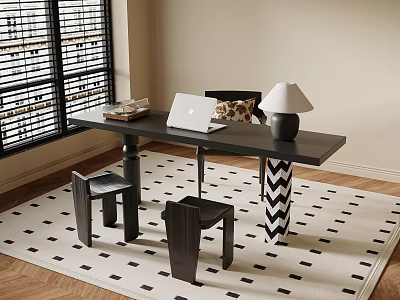 Stylish Black Wooden Table And Chair Set With Laptop Books Lamp On Square Pattern Rug 3d model