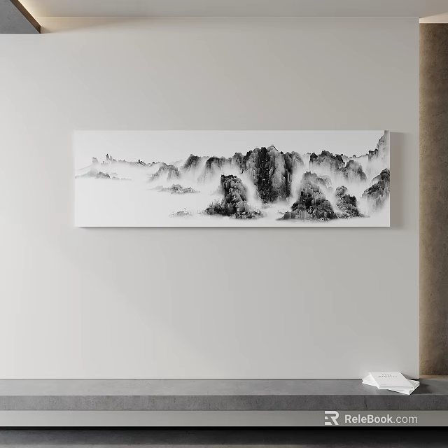 Black And White Ink Style Landscape Painting With Mountains And Clouds Hanging On Wall 3d model 