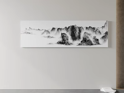 Black And White Ink Style Landscape Painting With Mountains And Clouds Hanging On Wall 3d model