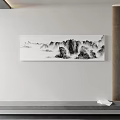 Black And White Ink Style Landscape Painting With Mountains And Clouds Hanging On Wall