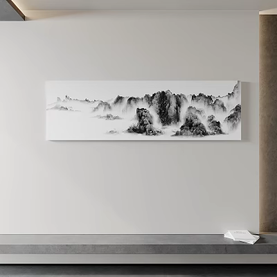 Black And White Ink Style Landscape Painting With Mountains And Clouds Hanging On Wall 3d model