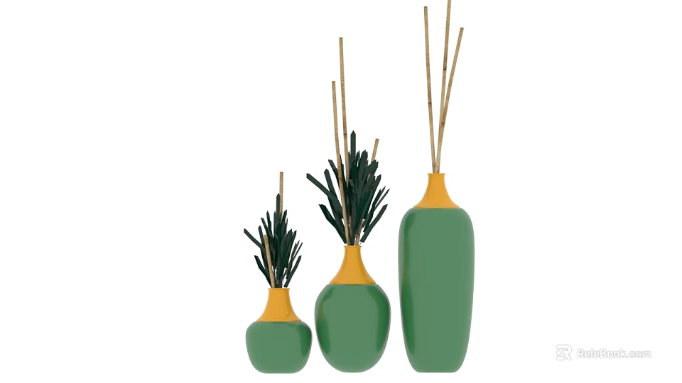 Green Vases With Yellow Rim And Dried Stems In Different Sizes For Home Decor 3d model 