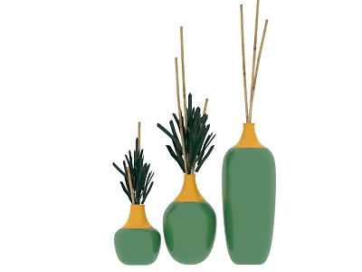 Green Vases With Yellow Rim And Dried Stems In Different Sizes For Home Decor 3d model