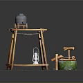 Traditional Rural Architectural Scene with Wooden Frame Pottery Jar Lantern and Mossy Well