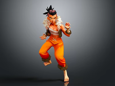 Anime Character With Spiky Black Hair Orange Pants White Top Furry Trim Action Pose Gray Background 3d model