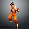 Anime Character With Spiky Black Hair Orange Pants White Top Furry Trim Action Pose Gray Background