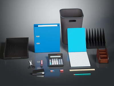 Essential Office Supplies Collection Including Blue Folders Gray Trash Bin File Organizer Calculator And Notebook 3d model