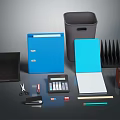 Essential Office Supplies Collection Including Blue Folders Gray Trash Bin File Organizer Calculator And Notebook