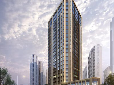 Modern High Rise Office Building With Glass Curtain Wall And Urban Skyline 3d model