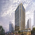 Modern High Rise Office Building With Glass Curtain Wall And Urban Skyline