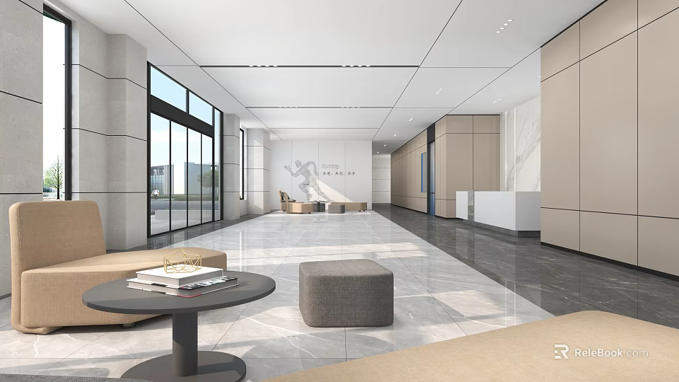 Front Desk Reception In Modern Lobby With Marble Flooring Sofa And Floor To Ceiling Windows 3d model 