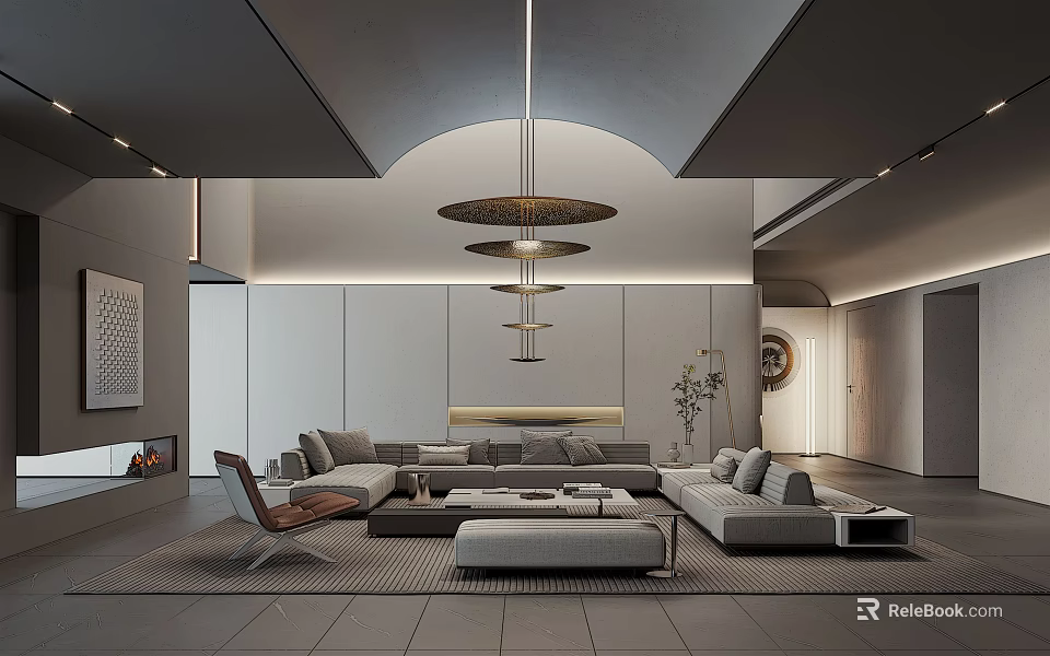 Modern Living Room Interior With Sectional Sofa Pendant Lights Coffee Table Rug And Plants 3d model 