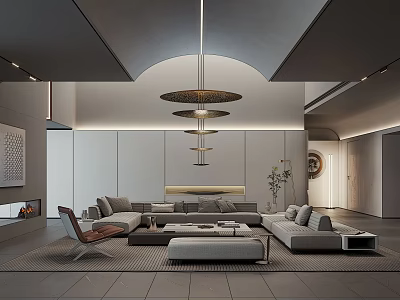 Modern Living Room Interior With Sectional Sofa Pendant Lights Coffee Table Rug And Plants 3d model