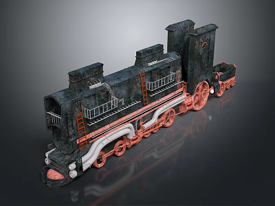 Vintage Steam Train 3D Model With Black Body Red Wheels Ladders Railings And Chimneys 3d model