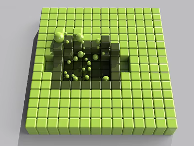 Green Cube Structure Composed Of Small Cubes With Depressed Area And Green Spheres 3d model