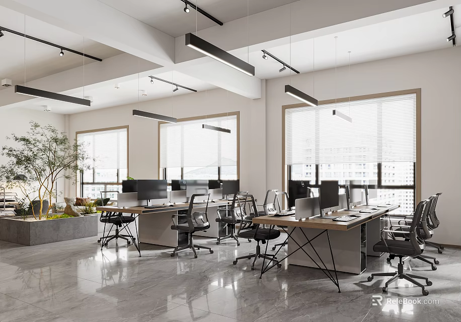 Modern Public Office Space With Desks Computers Office Chairs Large Windows And Indoor Plants 3d model 