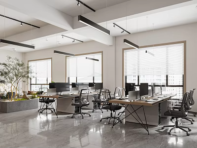Modern Public Office Space With Desks Computers Office Chairs Large Windows And Indoor Plants 3d model