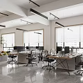 Modern Public Office Space With Desks Computers Office Chairs Large Windows And Indoor Plants
