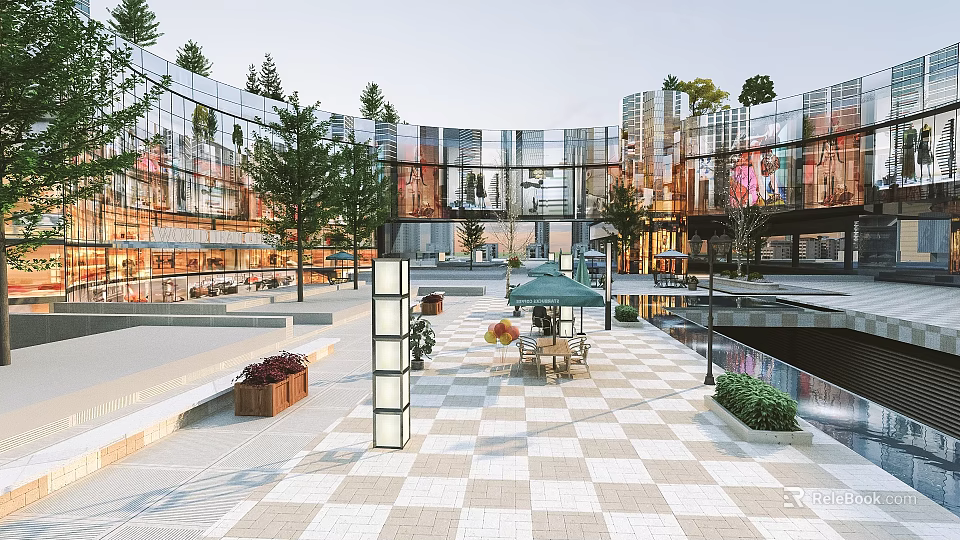 Modern Commercial Street With Glass Facade Buildings Open Plaza Green Trees And Outdoor Seating 3d model 