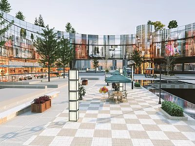Modern Commercial Street With Glass Facade Buildings Open Plaza Green Trees And Outdoor Seating 3d model