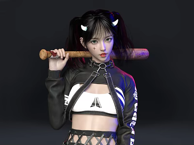 Woman Wearing Black Jacket and White Crop Top with Pigtails White Horns Holding Baseball Bat 3d model