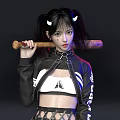 Woman Wearing Black Jacket and White Crop Top with Pigtails White Horns Holding Baseball Bat