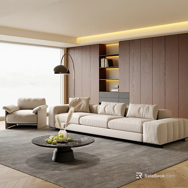 Modern Minimalist Living Room Interior With Beige Sofa Armchair Coffee Table And Wooden Wall 3d model 