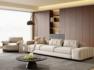Modern Minimalist Living Room Interior With Beige Sofa Armchair Coffee Table And Wooden Wall 3d model
