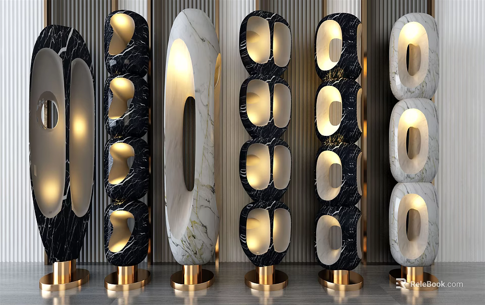 Modern Floor Lamps With Marble Bodies Gold Bases And Illuminated Geometric Designs 3d model 
