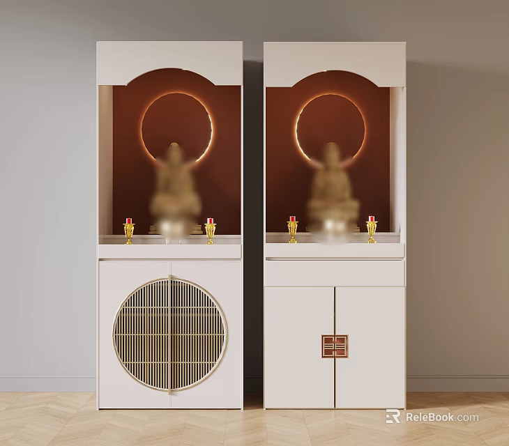 Traditional White Buddha Shrine Cabinet With Golden Halo And Decorative Candles 3d model 