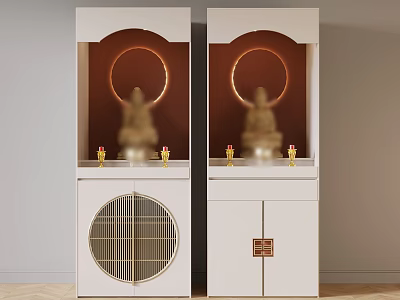 Traditional White Buddha Shrine Cabinet With Golden Halo And Decorative Candles 3d model