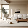 Modern Minimalist Living Room Interior With White Sofa Wooden Coffee Table Green Plant And Wall Art