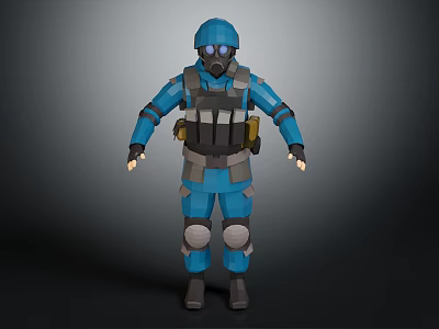 Blue Low Poly Tactical Character 3D Model With Helmet Goggles And Vest Knee Pads 3d model