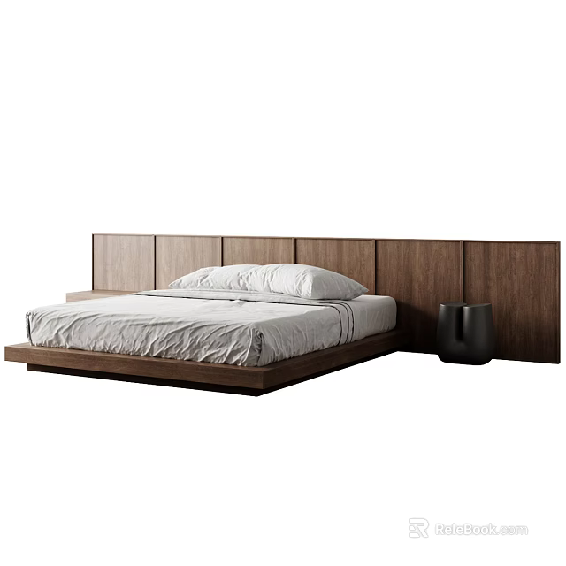 Modern Double Bed With Wooden Headboard Light Colored Bedding And Black Side Table 3d model